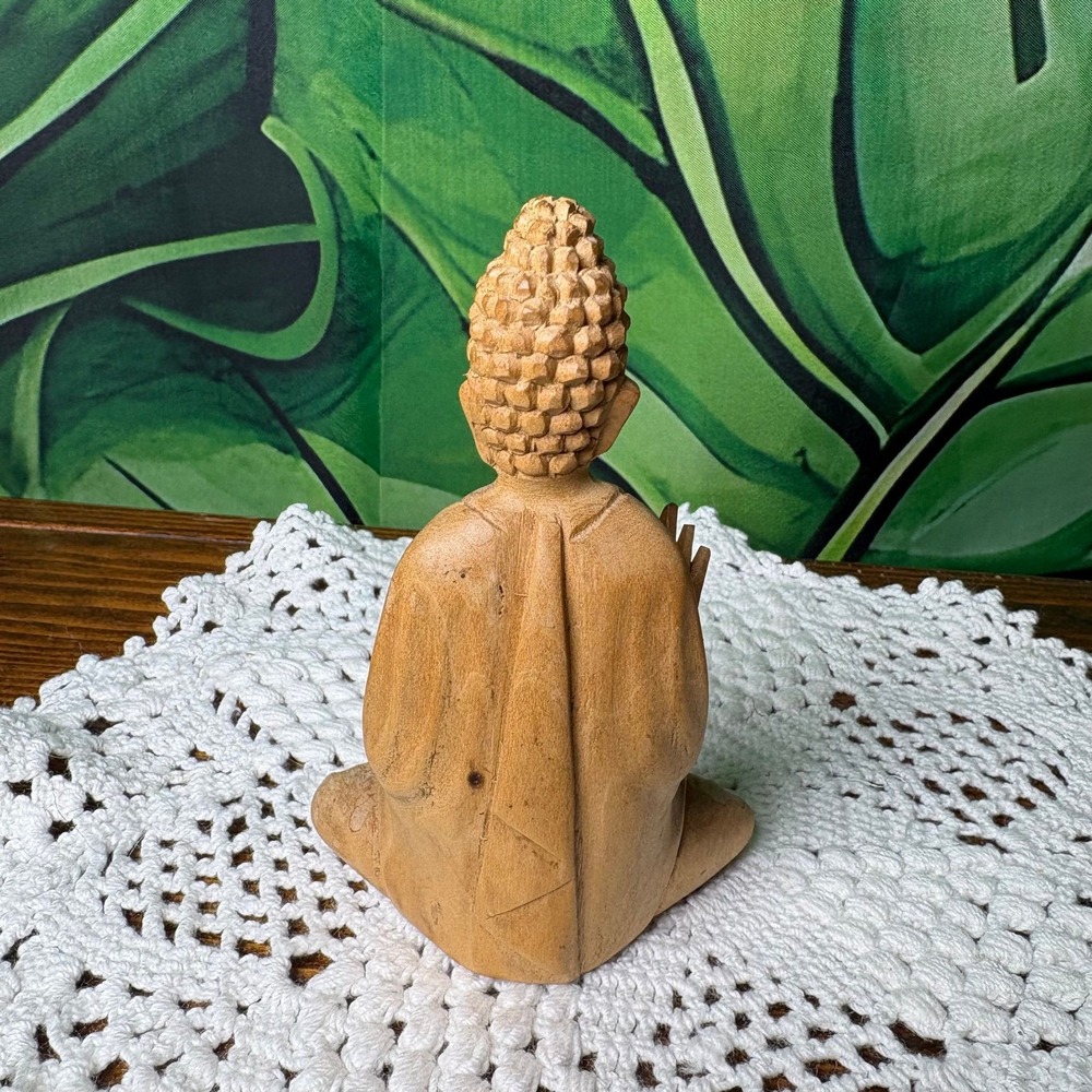 Wooden Buddha Meditating with Beads Wood Hand Carved Statue Figurine Zen Boho - Picture 4 of 9